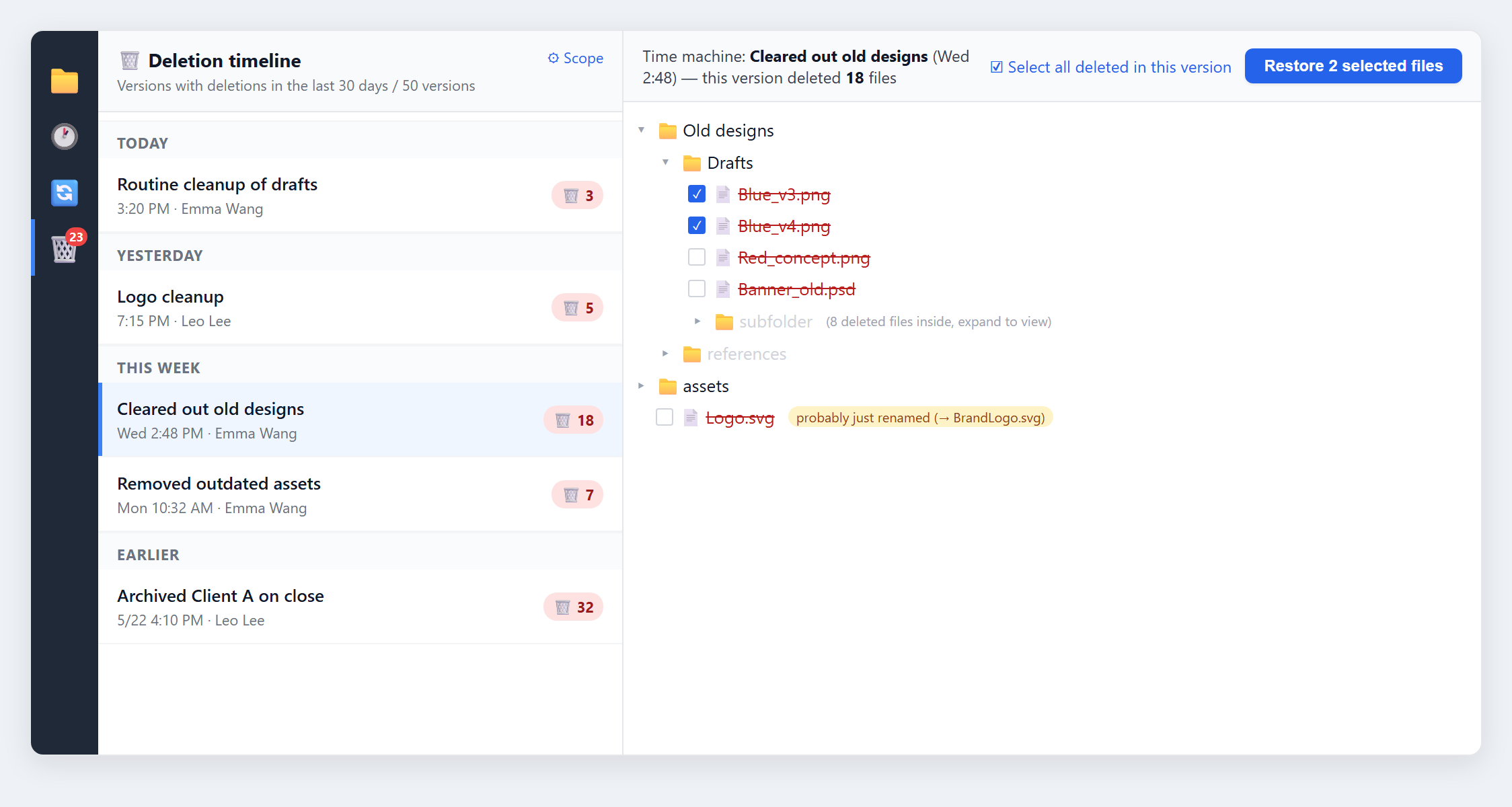 Deletion time machine: the left side lists what each round deleted by date, the right side shows the time-machine file tree with deleted files marked, and a single click restores your selection
