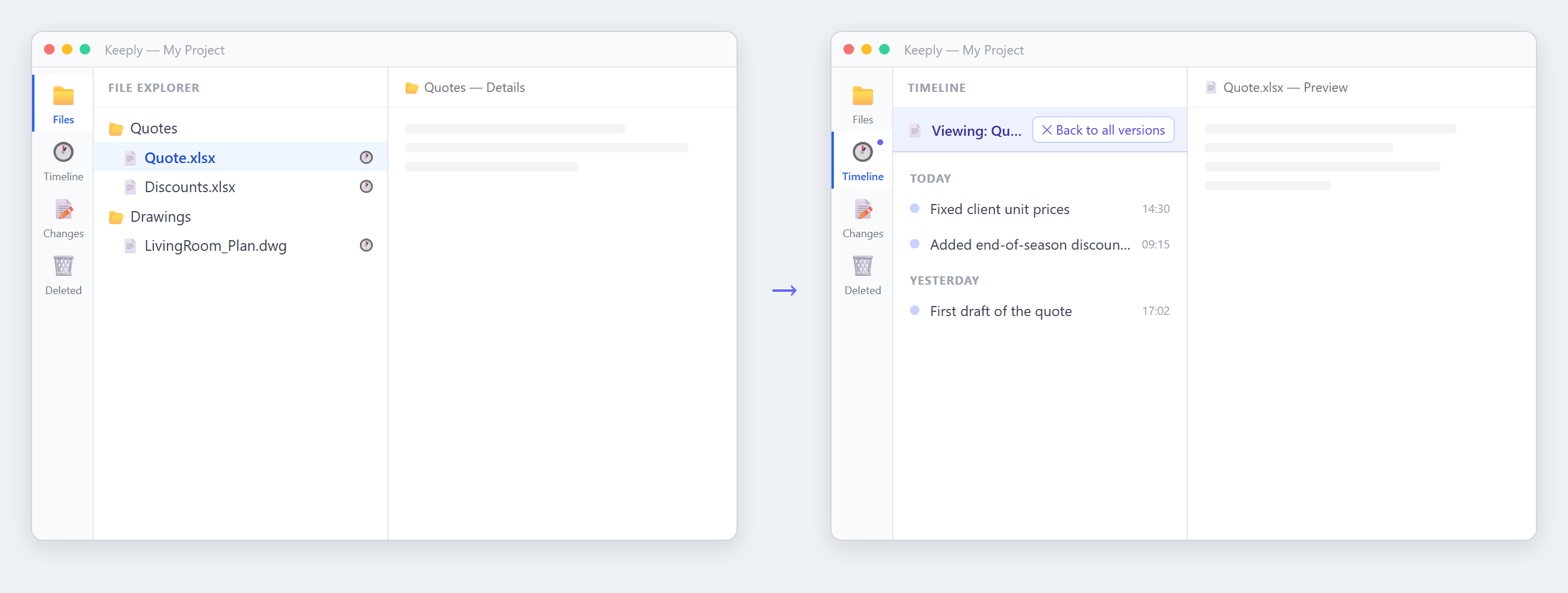 Single-click a file and the main timeline automatically shows just that file’s version history