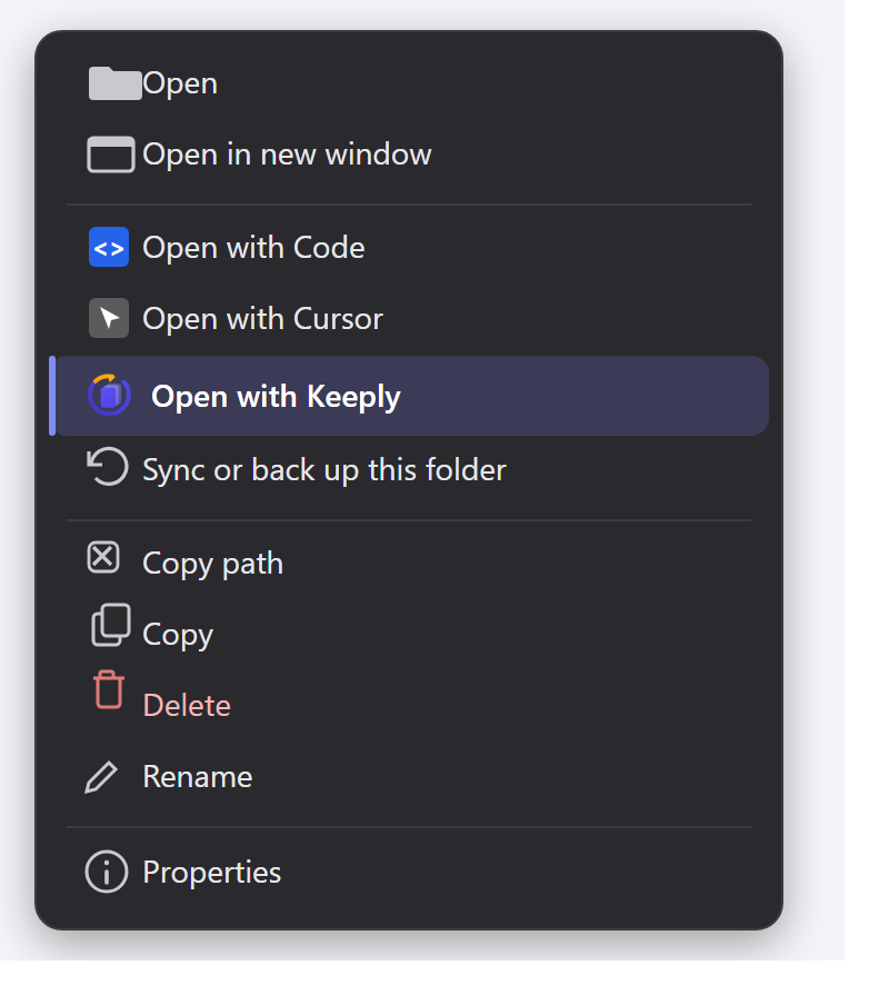 Fai clic con il tasto destro su una cartella e scegli “Apri con Keeply” (schermata in inglese)