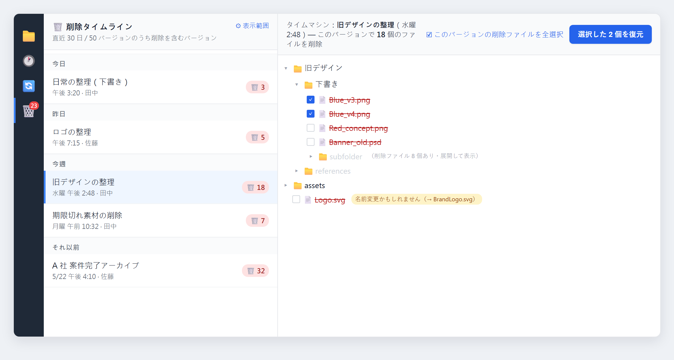 削除タイムマシン：左側に各時点で何を消したかを日付ごとに表示、右側のタイムマシン式ファイルツリーで消えたファイルを示し、チェックしてワンクリックで復元